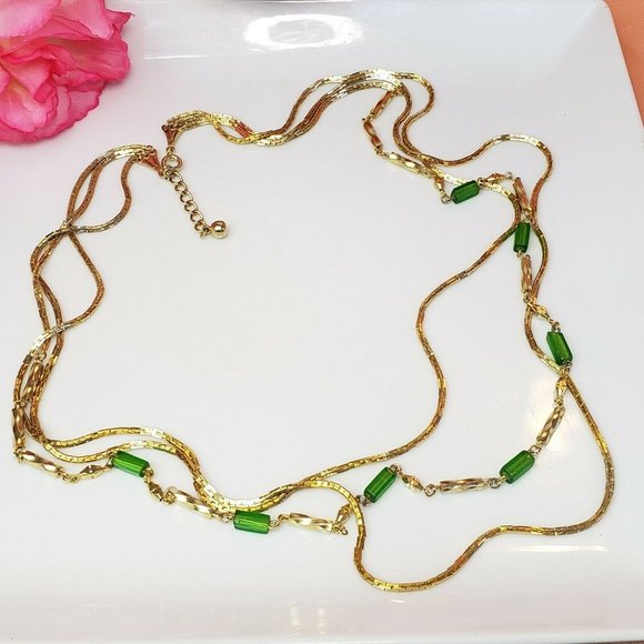 Vintage Gold Tone 3- Strand Chain Necklace 25" Statement Chain Green Glass Beads - Picture 3 of 12